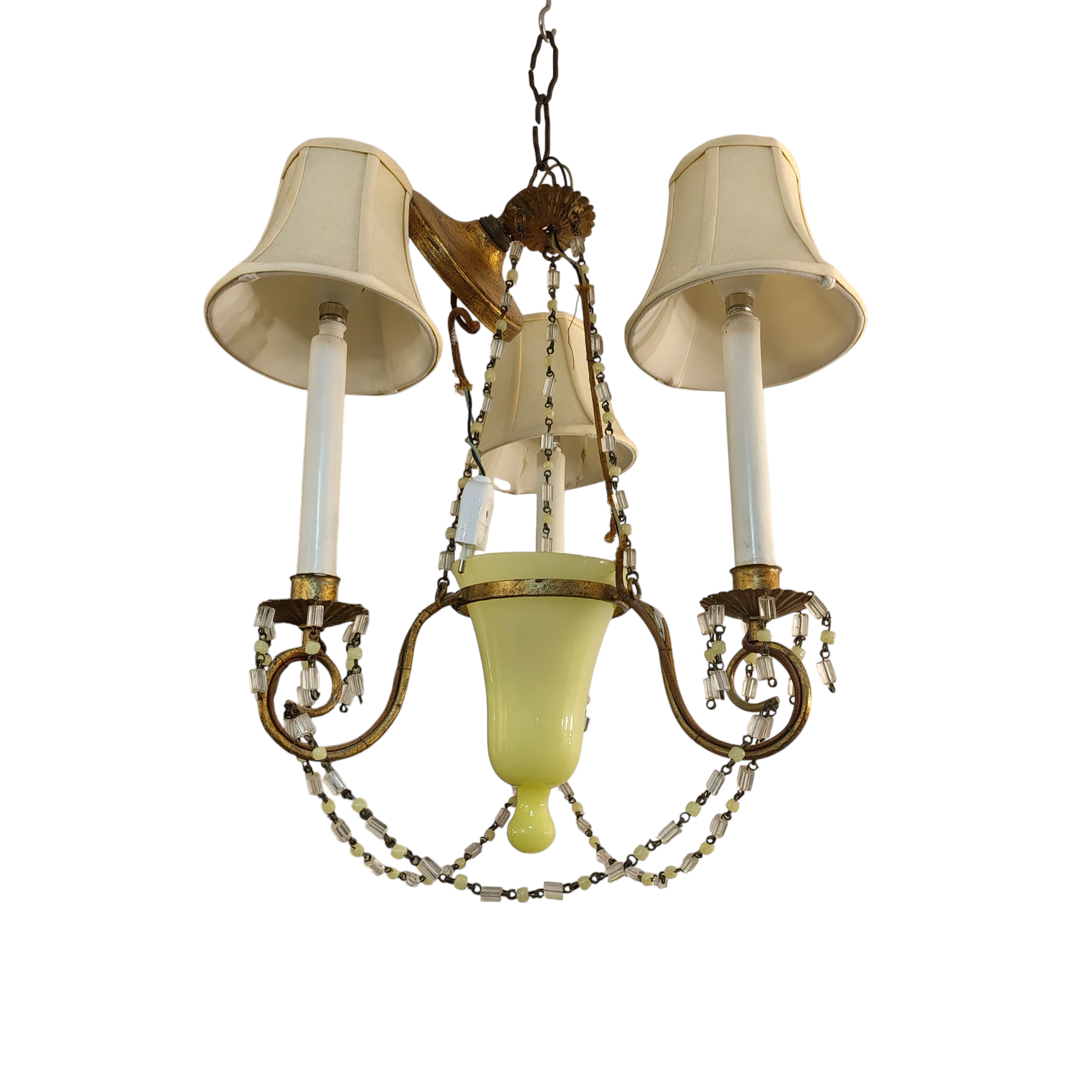 Vintage Gilt Iron Chandelier with Pale Chartreuse Glass and Beaded Garlands