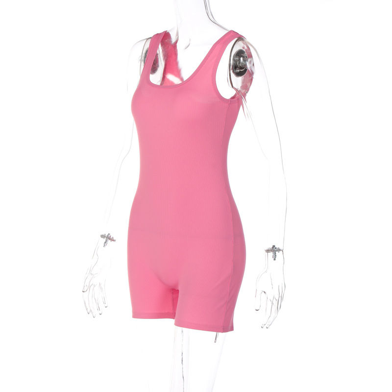 الصورة المصغرة: Women Ribbed Solid Sleeveless Straps Sexy Bodycon One Piece Playsuit