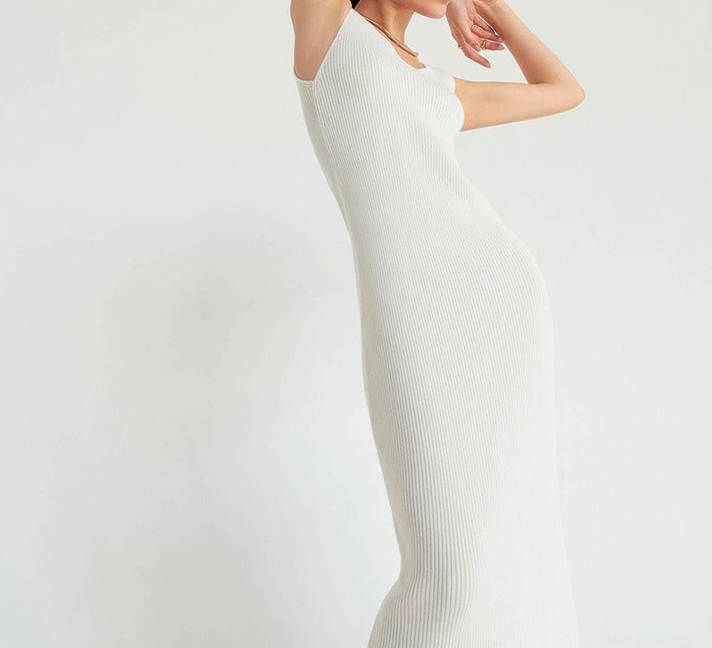 Miniatyrbild: V-neck Summer Women Dress white/Yellow Knitted