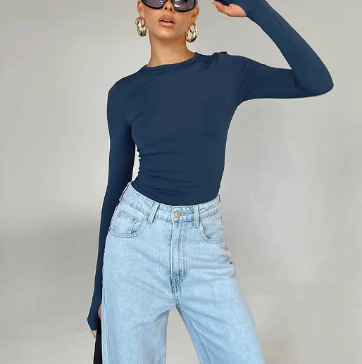 תמונה ממוזערת:  Women T-shirt Long Sleeve Crew Neck Solid 