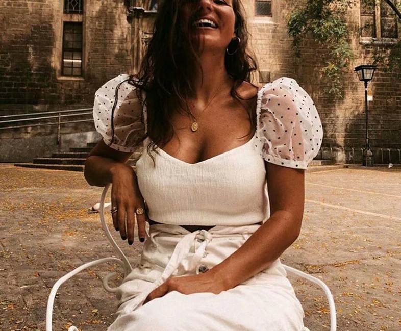 Miniatyrbild: Women style dot patchwork crop top short sleeve white blouses