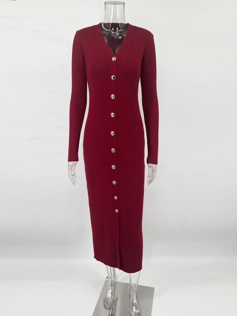 الصورة المصغرة: Women V Neck Long Sleeve Patchwork Button Slit Sweater Dress