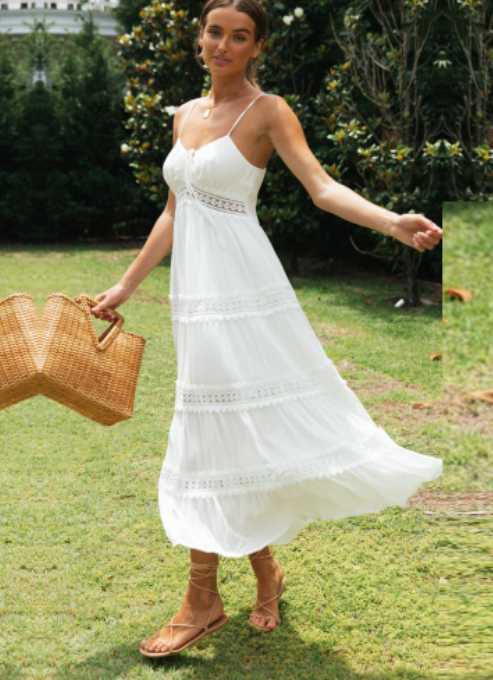 Miniatyrbild: Elegant Spaghetti Strap Lace Patchwork Summer White Dress