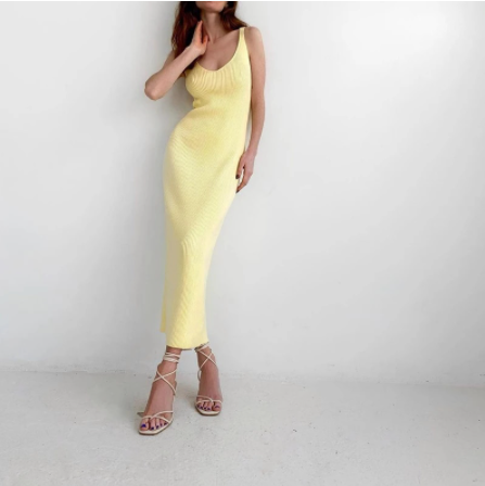 Miniatyrbild: V-neck Summer Women Dress white/Yellow Knitted