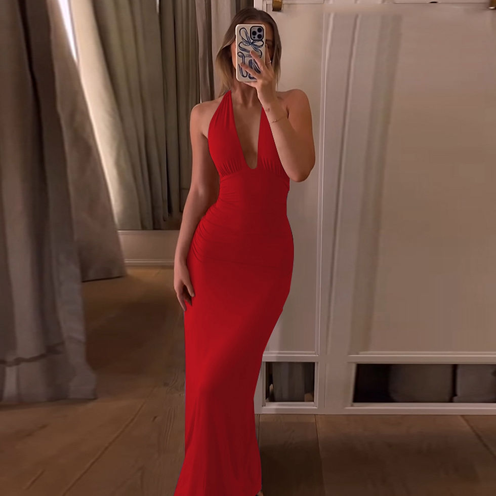 Thumbnail: Elegant Halter V Neck Bandage Solid Slim Maxi Dress 