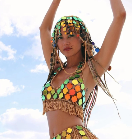 Thumbnail: Tassel Crop Top Sequins Two Piece Set Clubwear Hollow Out festival outfit