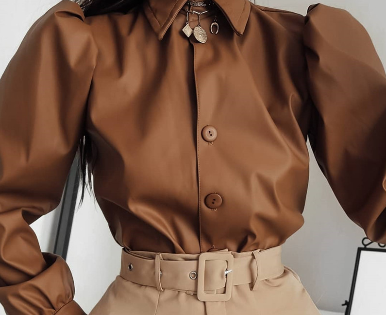 Thumbnail: Long Puff Sleeve Women Shirt Button Faux Leather Elegant Winter Blouse top