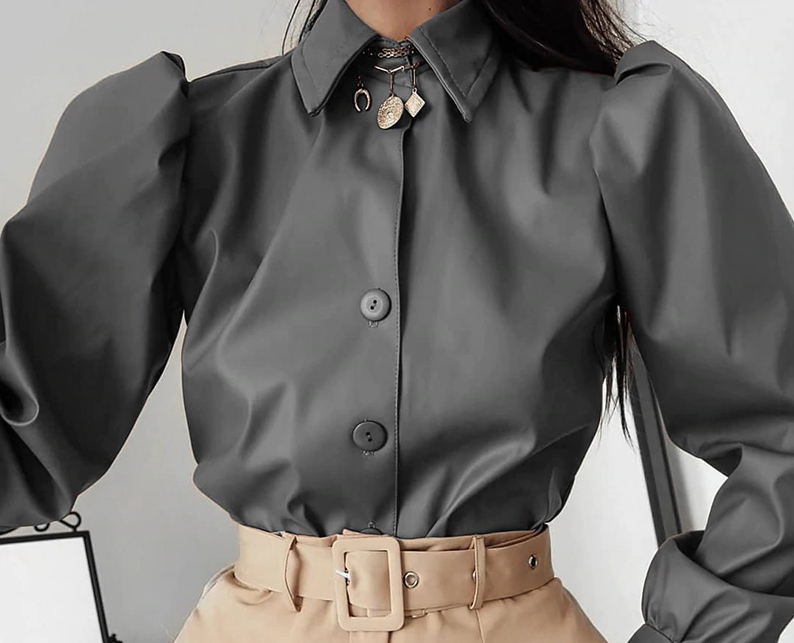 Thumbnail: Long Puff Sleeve Women Shirt Button Faux Leather Elegant Winter Blouse top