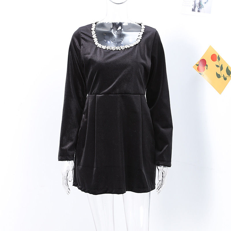 Миниатюра: Velvet Square Collar Beading Long Sleeve Dress 