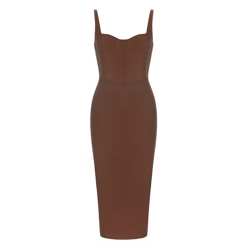 الصورة المصغرة: Dark Brown Long Dress Strap Sleeveless Bodycon Bandage Dress 