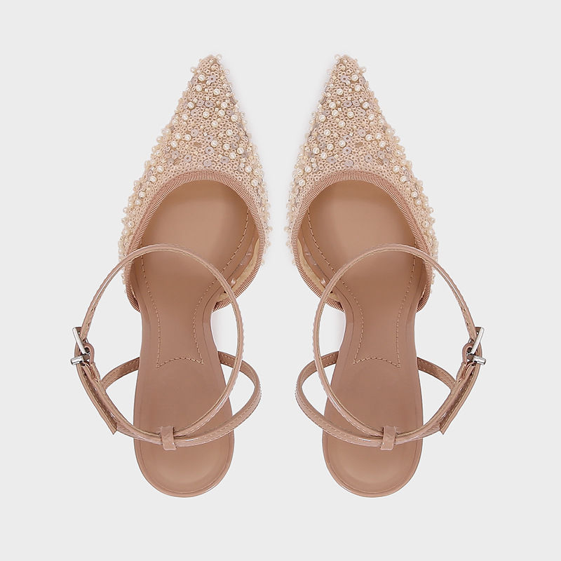 Thumbnail: Luxury Bling String Bead Mesh Women Pointed Toe Ankle Strap Elegant High Heels S
