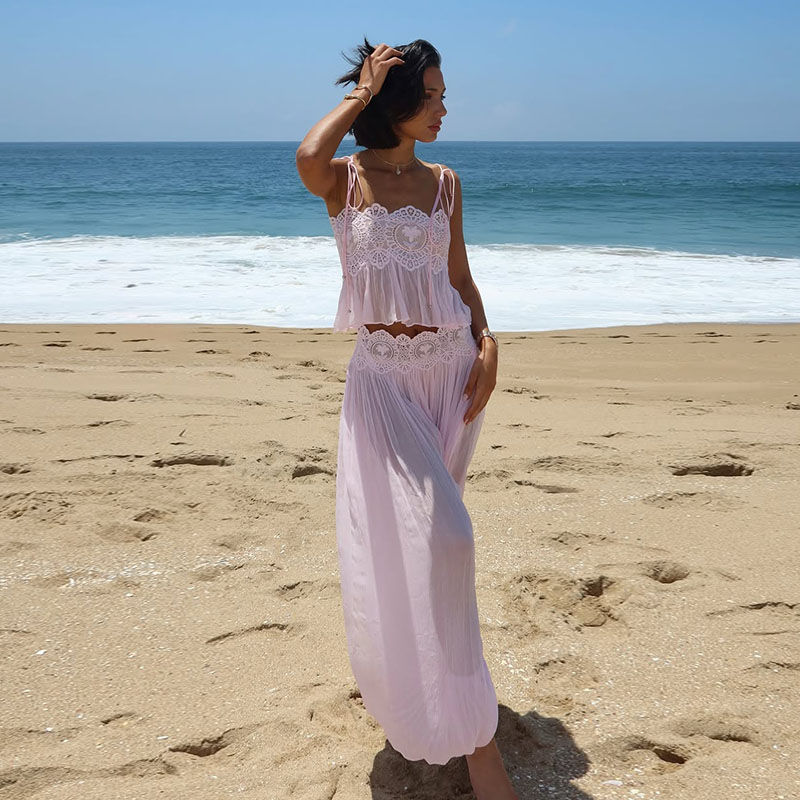 תמונה ממוזערת: Beach Lace Hollow Out Summer Pants Spaghetti Strap Crop Top Sets