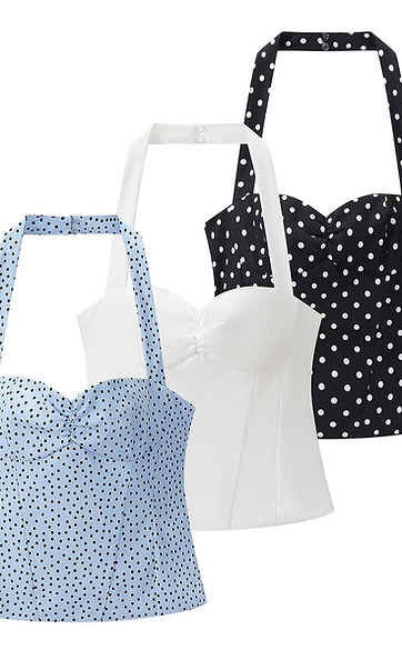 Women's Polka Dot Halter Top Sweetheart Neck Ruched Bust Boned 