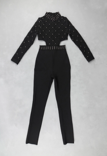 الصورة المصغرة: Jumpsuit Women Sexy Long Sleeve Beading Black Bodycon Bandage