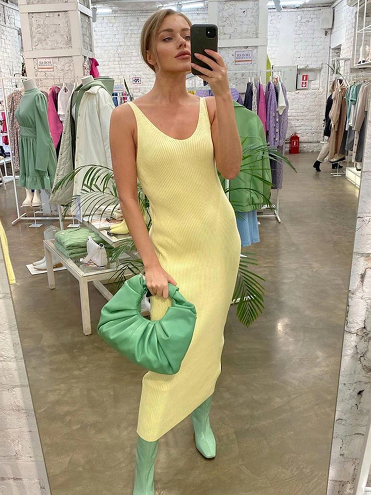 Miniatyrbild: V-neck Summer Women Dress white/Yellow Knitted