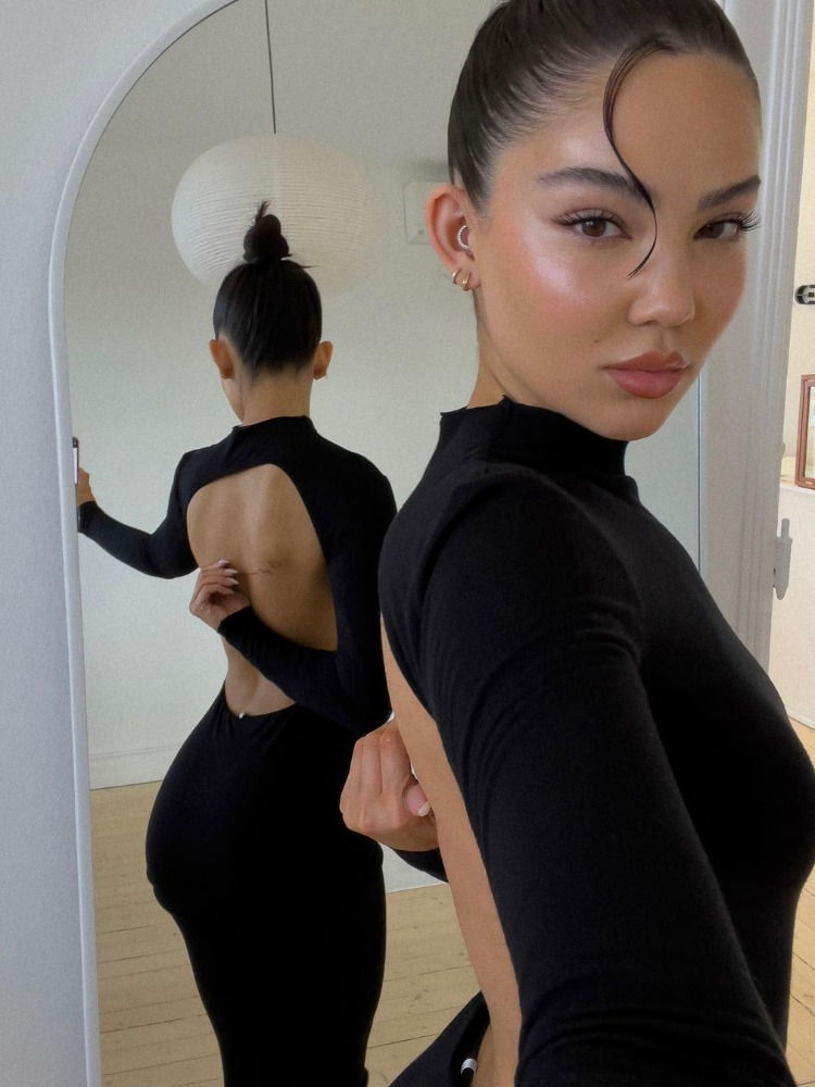 Thumbnail: Black Backless Slim Long Dress For Women 