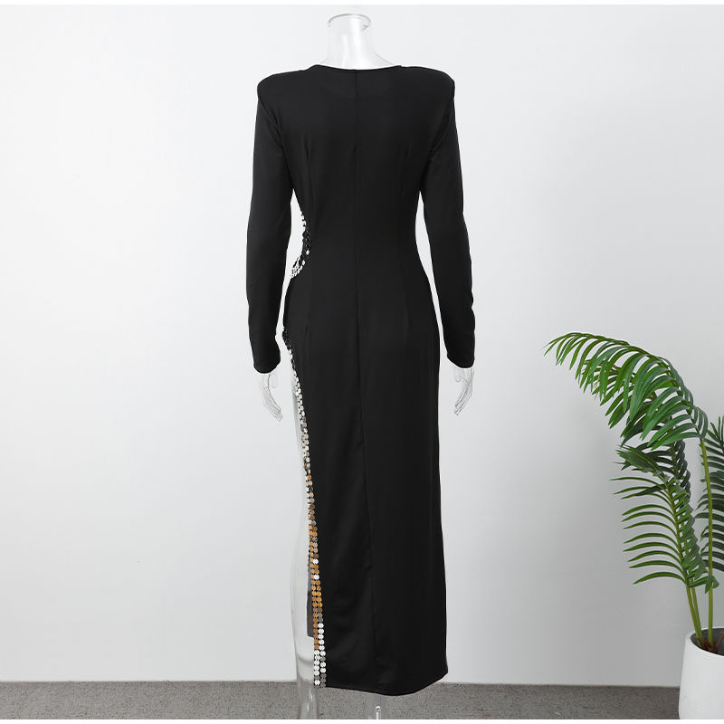 الصورة المصغرة: Elegant Black Hollow Out Sequins Splicing Dress