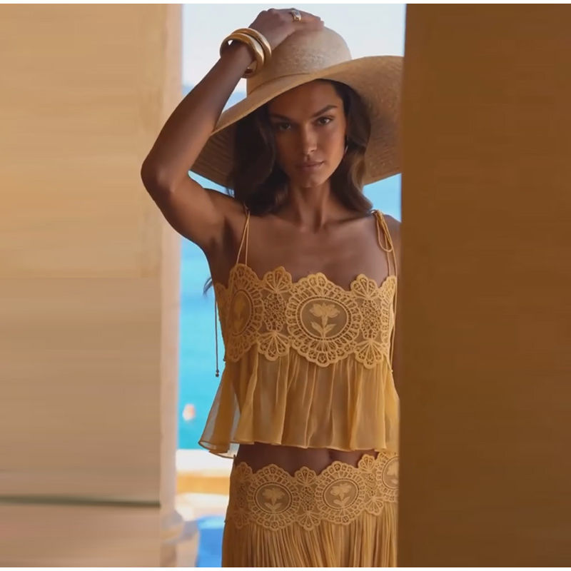 Thumbnail: Beach Lace Hollow Out Summer Pants Spaghetti Strap Crop Top Sets