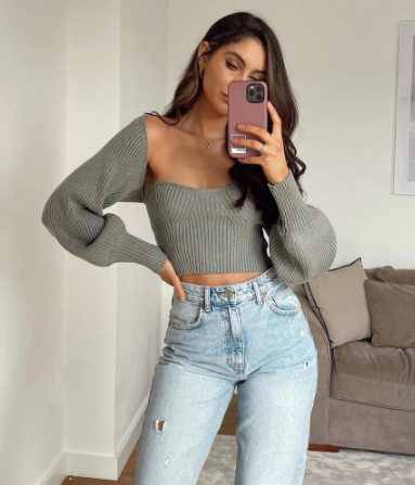 Миниатюра: Women Knit Arm Warmers Long Sleeves Crop Sweater