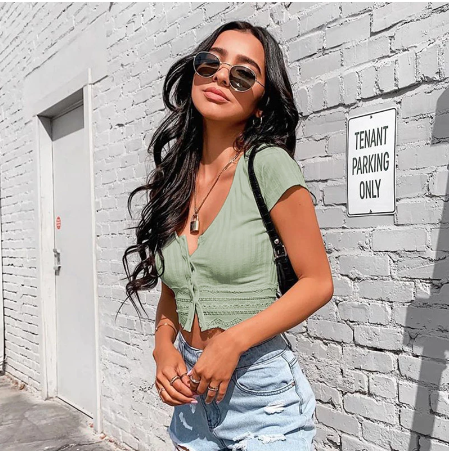 Women Ribbed Knit Short Sleeve Casual Green