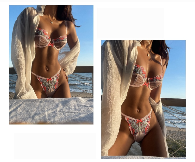 תמונה ממוזערת: pink Lace Bra Set Embroidered Floral Bra Push-up Lingerie set