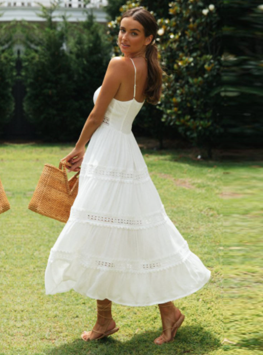 Miniatyrbild: Elegant Spaghetti Strap Lace Patchwork Summer White Dress