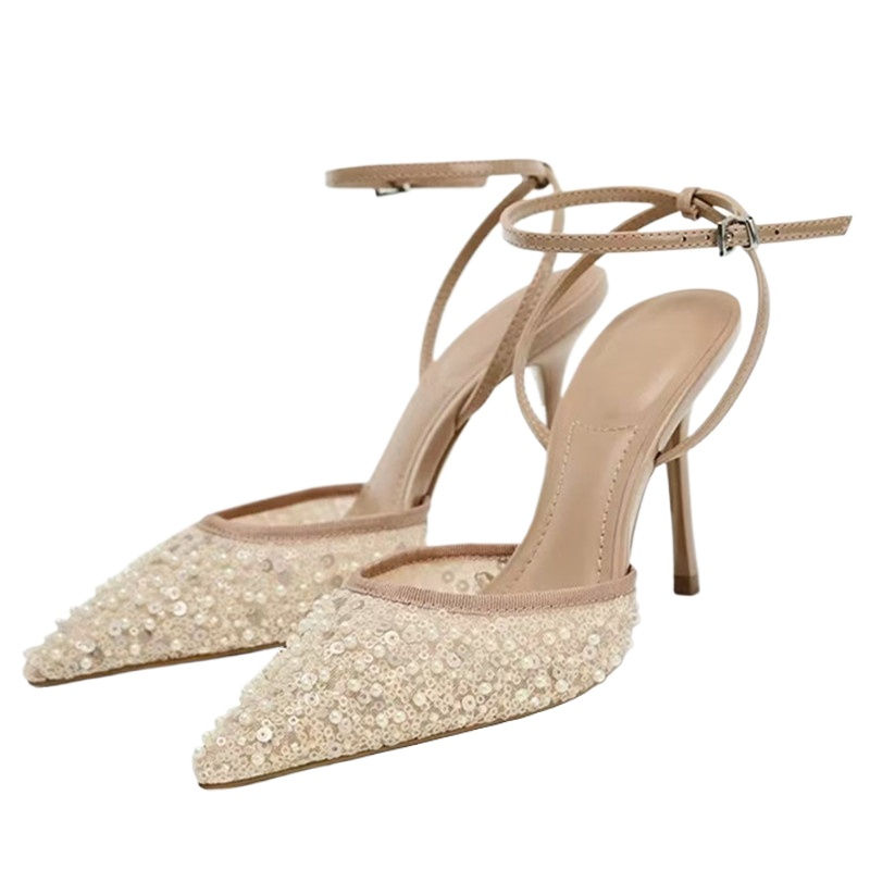 Thumbnail: Luxury Bling String Bead Mesh Women Pointed Toe Ankle Strap Elegant High Heels S