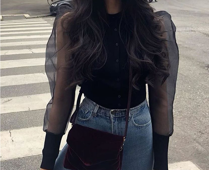 Women sexy stylish solid black blouse long puff sleeve stretchy transparent O ne