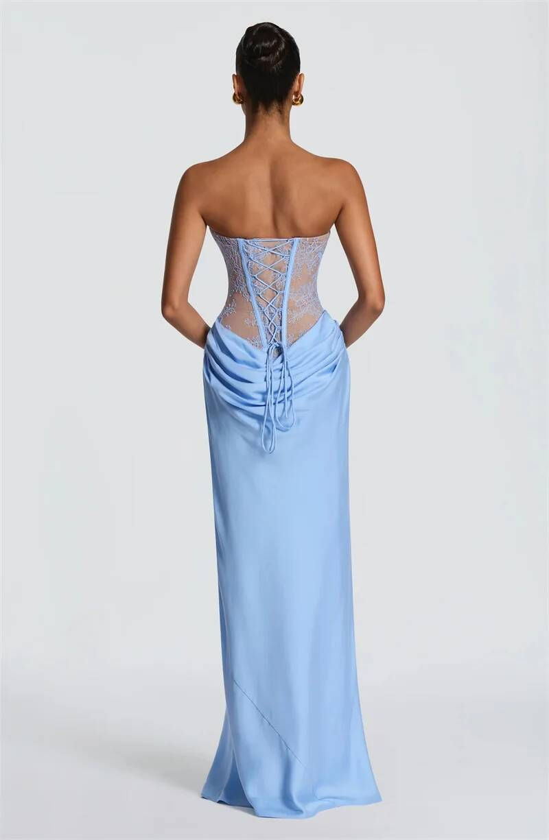Thumbnail: Lace Corset Satin Mermaid Maxi Dress 