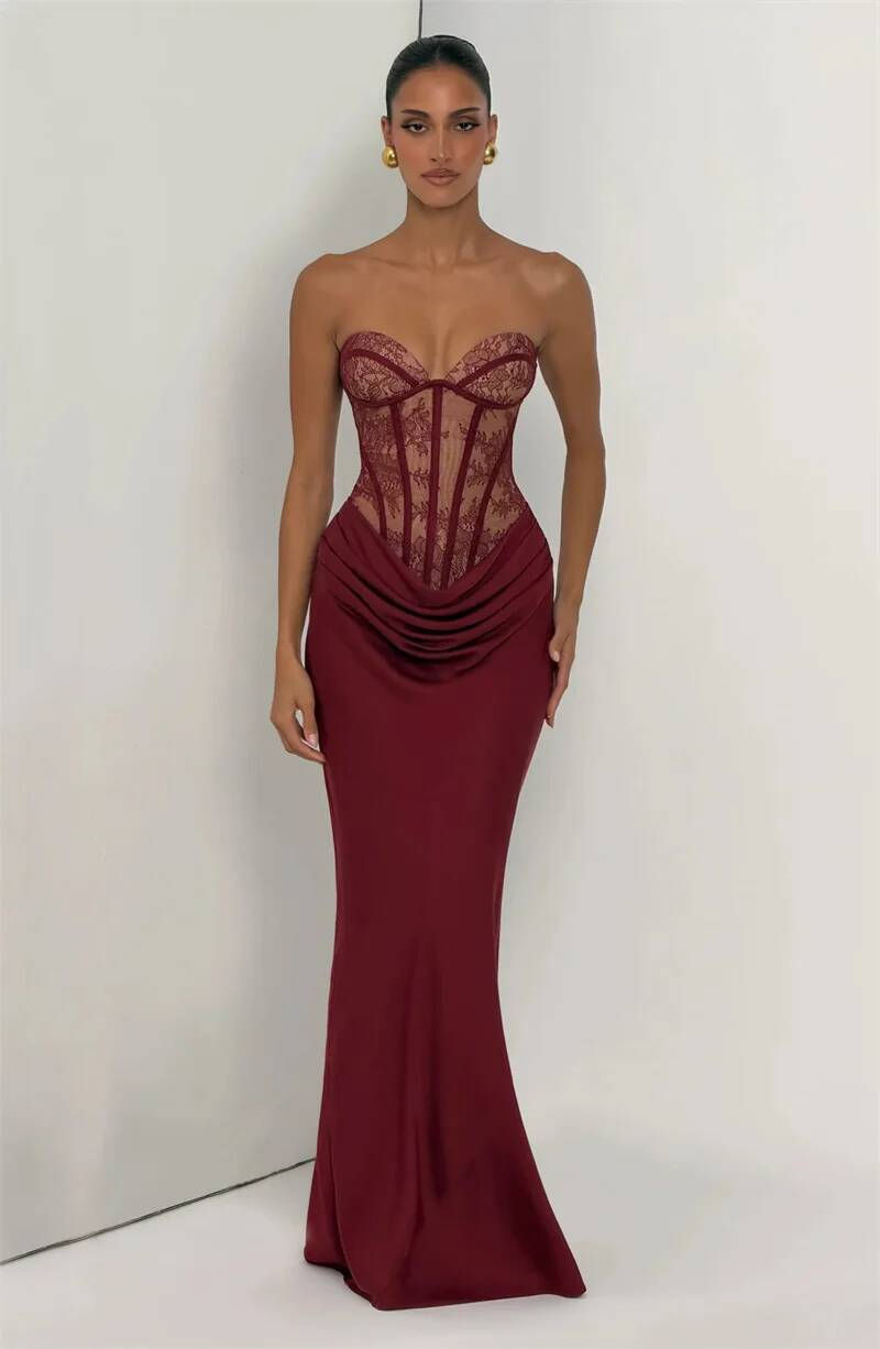 Thumbnail: Lace Corset Satin Mermaid Maxi Dress 