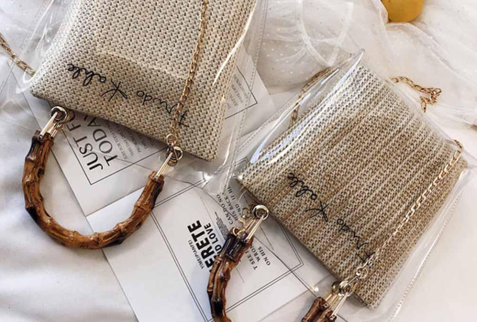 תמונה ממוזערת: Transparent PVC Shoulder Bag Hand Woven Straw Handbag