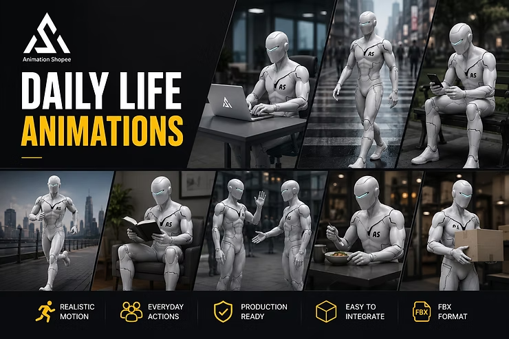 Daily life animation showing natural game-ready full-body character movement