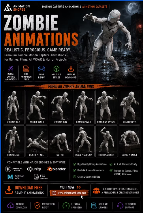 Game-ready zombie animation pose for horror, survival and 3D character production