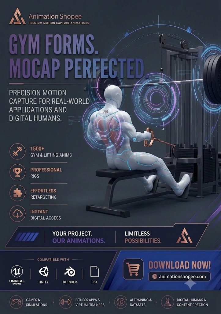 Studio-grade gym animations featuring bicep curls and fitness motion capture data.