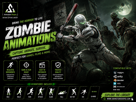 Professional creature actor in a motion capture suit performing a slow, lurching zombie walk to record authentic, unsettling movement for horror games.