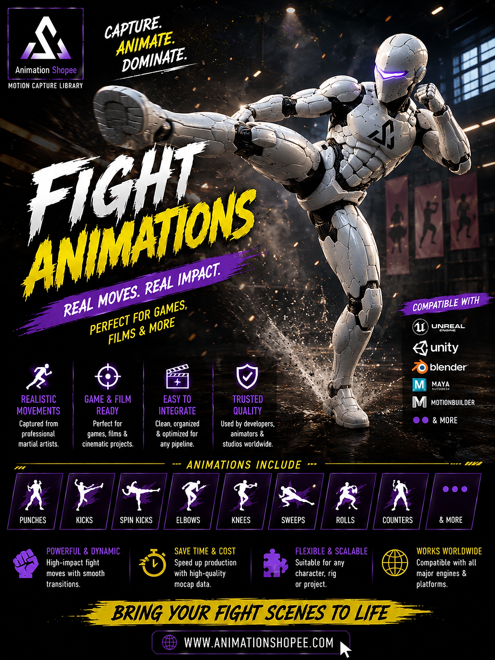 "Combat motion capture animation poster featuring the AnimationShopee humanoid robot performing a high spinning kick in a dramatic training environment."