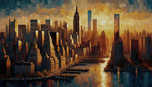 A New York skyline in the sunset.