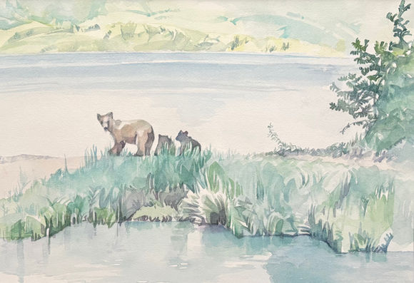 A watercolor painting of a brown bear family with pale mountains in the background.

アラスカの水辺の草地に立つブラウンベアの親子と、淡い山並みを描いた水彩画。