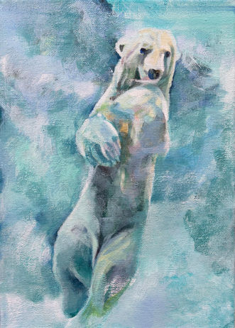 A painting of a polar bear gently turning underwater at Yokohama Zoo Zoorasia. Gogo the polar bear.

水中でゆるやかに回転する ホッキョクグマの絵。横浜動物園ズーラシアでのゴーゴ。