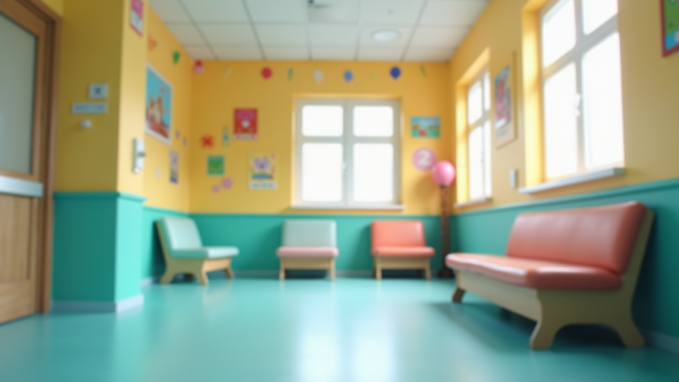 Eye-level view of a pediatric clinic waiting room with colorful walls and child-friendly decorations