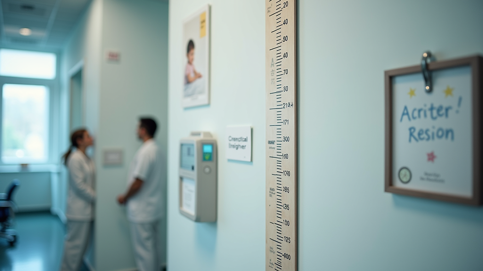 Eye-level view of pediatrician’s office with child’s growth chart on the wall