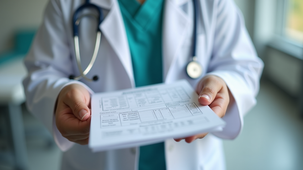 Close-up view of pediatrician’s hands holding a child’s vaccination record