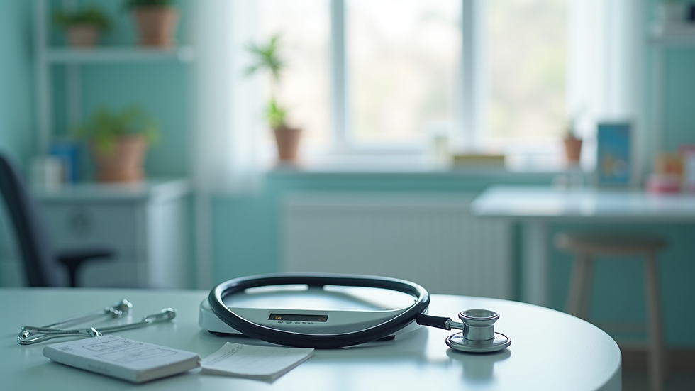 Close-up view of a pediatrician’s office with a baby scale and medical tools