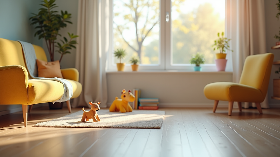 Eye-level view of a cozy pediatric waiting room with toys and books