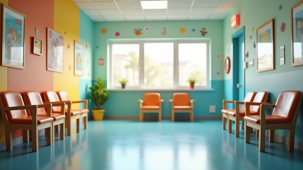 Eye-level view of a pediatric clinic waiting room with colorful walls and child-friendly decorations