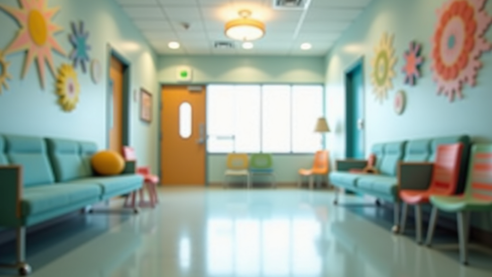 Eye-level view of a pediatric clinic waiting room with colorful decorations