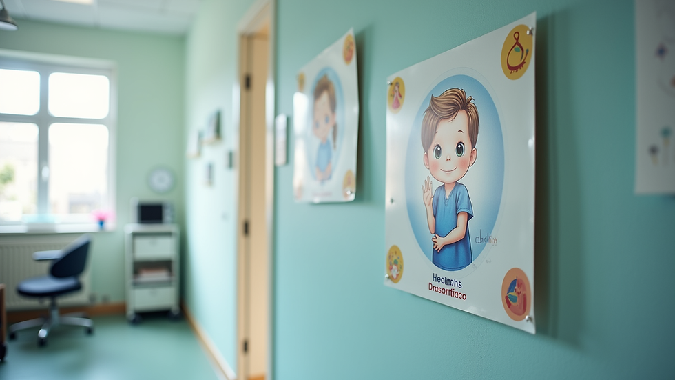 Eye-level view of a pediatrician’s office with child health posters on the wall