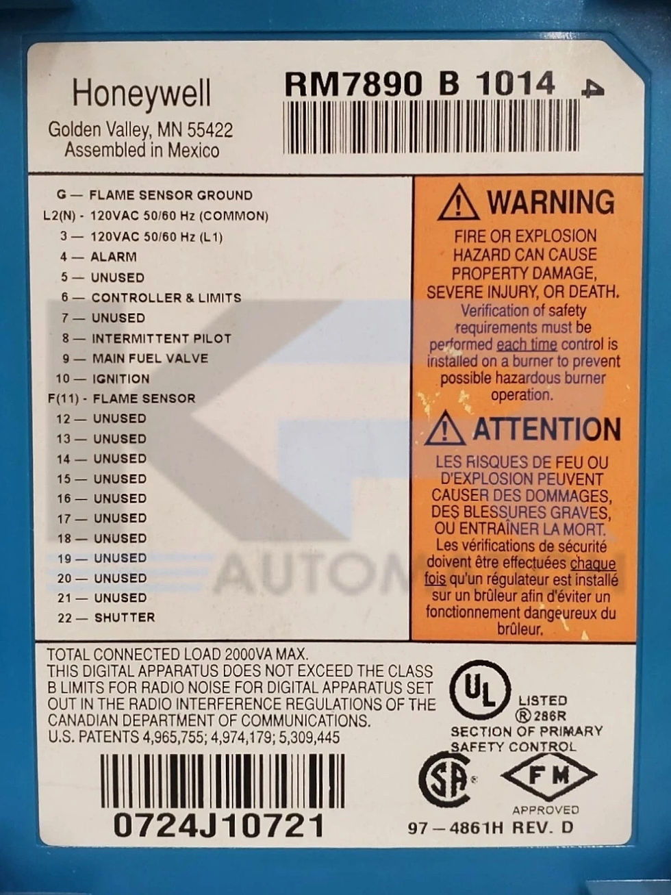 Thumbnail: Honeywell RM7890B1014 Automatic Burner Primary Controller Unit RM7890 B 1014