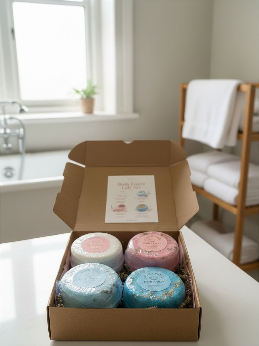 Floral bath fizzer gift set with four 200g bath fizzers in kraft gift box