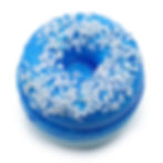 Blue donut bath bomb with white sprinkles on top, resembling a blueberry donut.